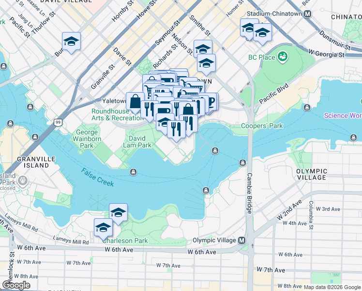 map of restaurants, bars, coffee shops, grocery stores, and more near in Vancouver