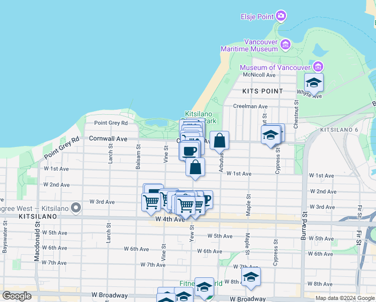 map of restaurants, bars, coffee shops, grocery stores, and more near 1601 Yew Street in Vancouver