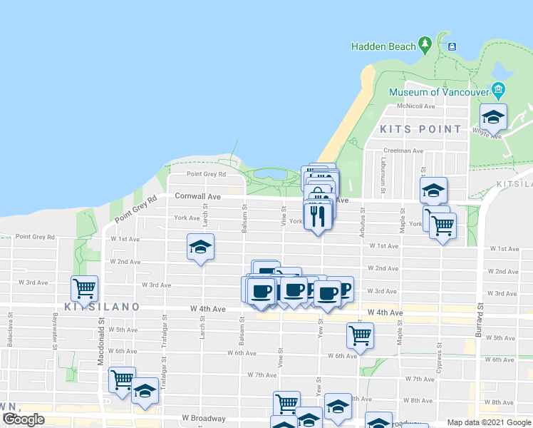 map of restaurants, bars, coffee shops, grocery stores, and more near in Vancouver