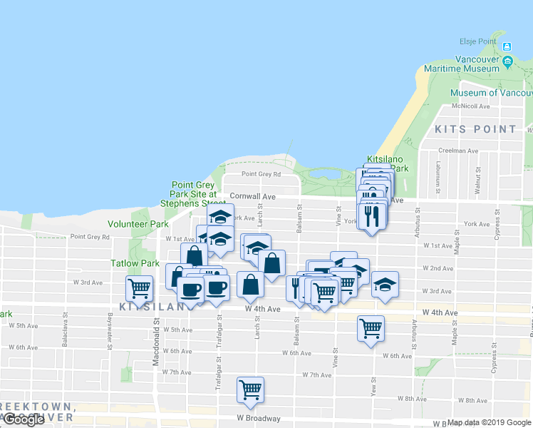 map of restaurants, bars, coffee shops, grocery stores, and more near 2475 York Avenue in Vancouver