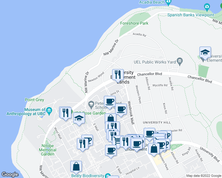 map of restaurants, bars, coffee shops, grocery stores, and more near in Vancouver