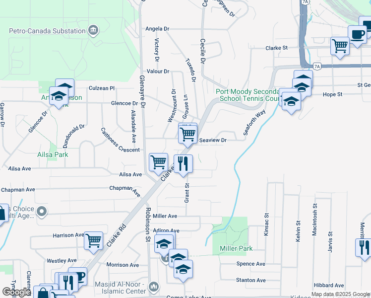 map of restaurants, bars, coffee shops, grocery stores, and more near 911 Clarke Road in Port Moody