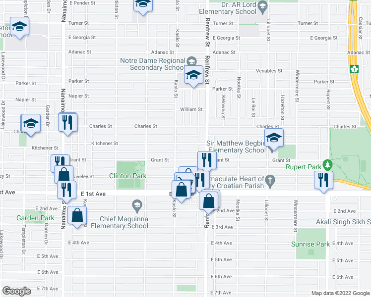 map of restaurants, bars, coffee shops, grocery stores, and more near 2834 Kitchener Street in Vancouver