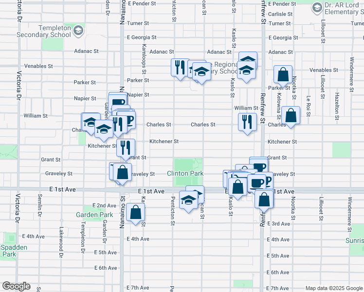 map of restaurants, bars, coffee shops, grocery stores, and more near 2624 Kitchener Street in Vancouver