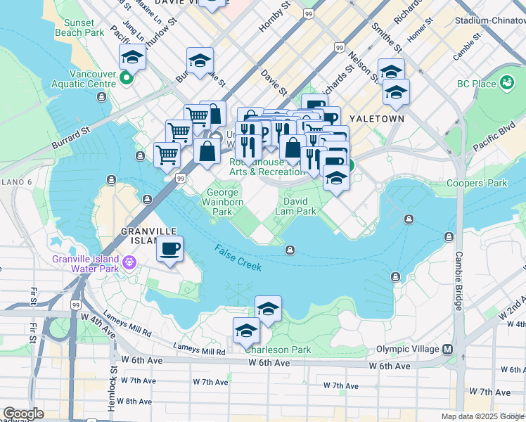 map of restaurants, bars, coffee shops, grocery stores, and more near 1483 Homer Street in Vancouver