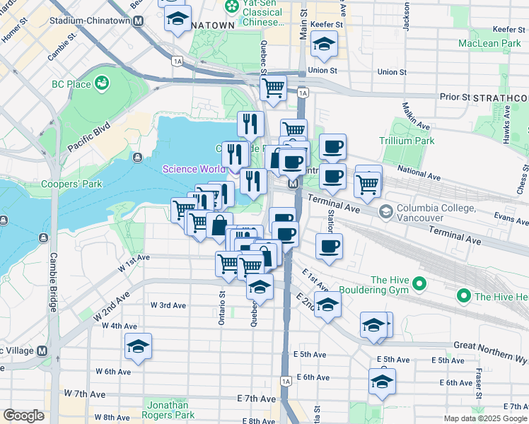 map of restaurants, bars, coffee shops, grocery stores, and more near 1505 Quebec Street in Vancouver