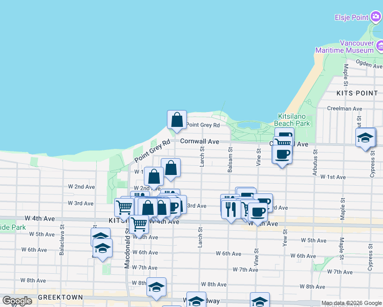 map of restaurants, bars, coffee shops, grocery stores, and more near 2535 York Avenue in Vancouver