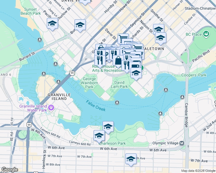 map of restaurants, bars, coffee shops, grocery stores, and more near 1483 Homer Street in Vancouver