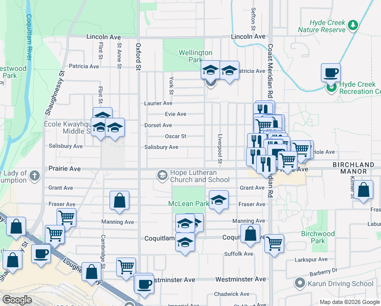 map of restaurants, bars, coffee shops, grocery stores, and more near 1750 Salisbury Avenue in Port Coquitlam