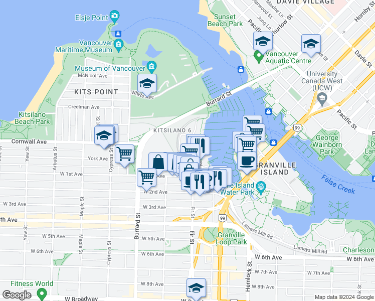 map of restaurants, bars, coffee shops, grocery stores, and more near in Vancouver