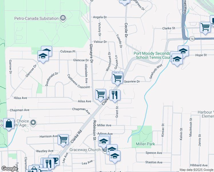 map of restaurants, bars, coffee shops, grocery stores, and more near 922 Seacrest Court in Port Moody