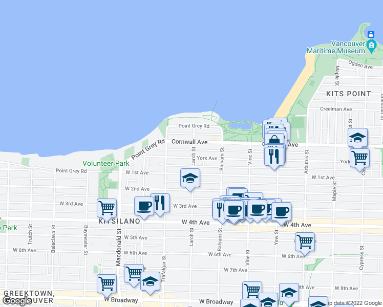 map of restaurants, bars, coffee shops, grocery stores, and more near 1579 Larch Street in Vancouver