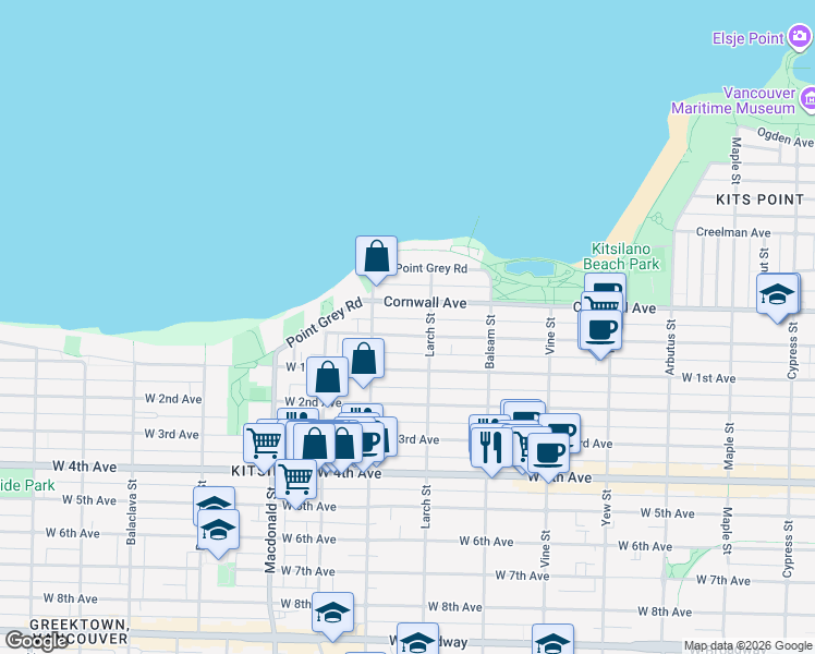 map of restaurants, bars, coffee shops, grocery stores, and more near in Vancouver