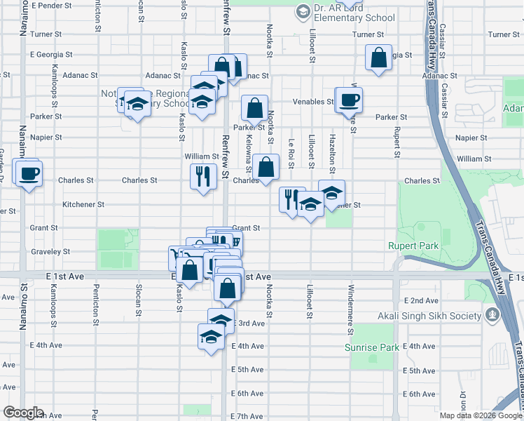 map of restaurants, bars, coffee shops, grocery stores, and more near 2984 Kitchener Street in Vancouver