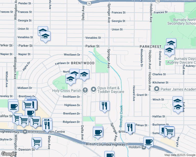 map of restaurants, bars, coffee shops, grocery stores, and more near 1361 Crestlawn Drive in Burnaby