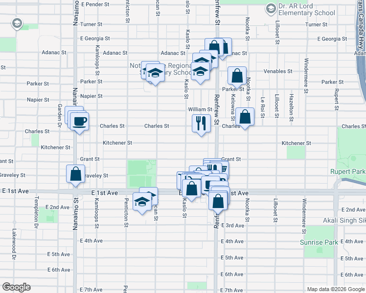 map of restaurants, bars, coffee shops, grocery stores, and more near 1415 Kaslo Street in Vancouver