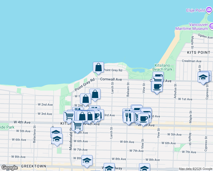 map of restaurants, bars, coffee shops, grocery stores, and more near 2535 York Avenue in Vancouver
