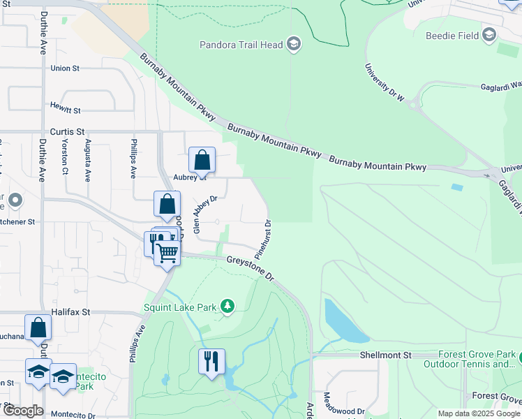 map of restaurants, bars, coffee shops, grocery stores, and more near 1343 Pinehurst Drive in Burnaby