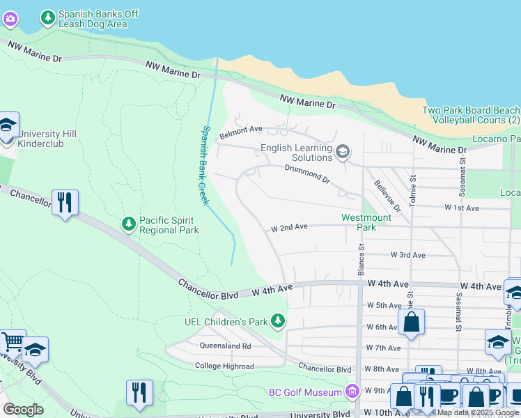 map of restaurants, bars, coffee shops, grocery stores, and more near 1750 Drummond Drive in Vancouver