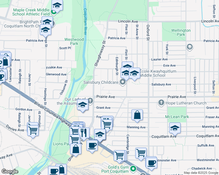 map of restaurants, bars, coffee shops, grocery stores, and more near 2156 Salisbury Avenue in Port Coquitlam