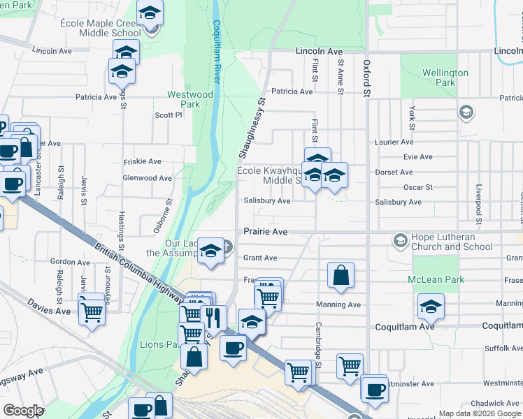 map of restaurants, bars, coffee shops, grocery stores, and more near 2156 Salisbury Avenue in Port Coquitlam
