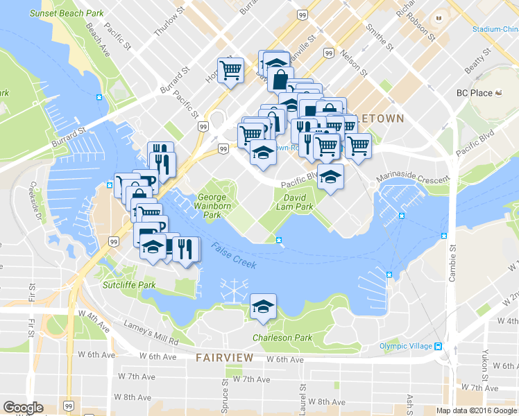 map of restaurants, bars, coffee shops, grocery stores, and more near in Vancouver