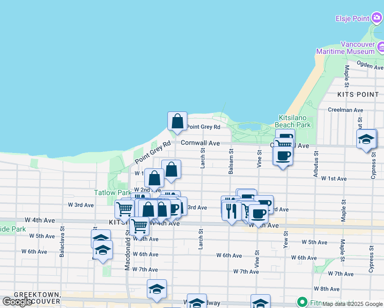 map of restaurants, bars, coffee shops, grocery stores, and more near in Vancouver