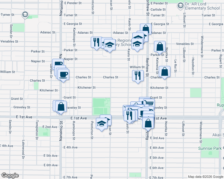map of restaurants, bars, coffee shops, grocery stores, and more near 2702 Kitchener Street in Vancouver