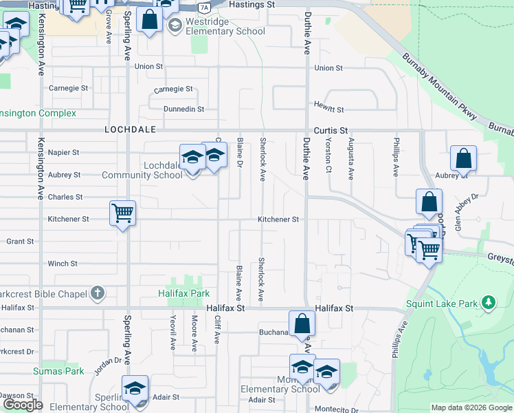 map of restaurants, bars, coffee shops, grocery stores, and more near 1375 Sherlock Avenue in Burnaby