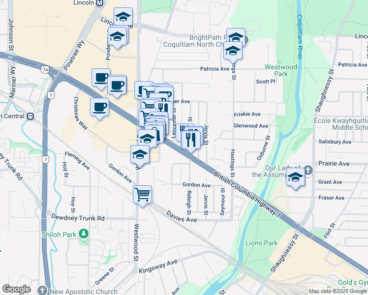 map of restaurants, bars, coffee shops, grocery stores, and more near 2651 Lougheed Highway in Port Coquitlam