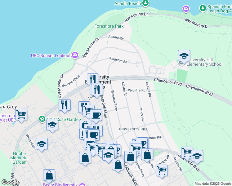map of restaurants, bars, coffee shops, grocery stores, and more near 1700 Western Parkway in Vancouver