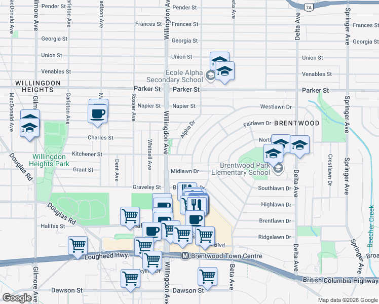 map of restaurants, bars, coffee shops, grocery stores, and more near 4619 Westlawn Drive in Burnaby