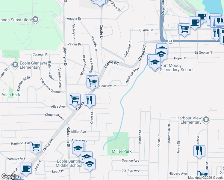 map of restaurants, bars, coffee shops, grocery stores, and more near 50 Seaview Drive in Port Moody