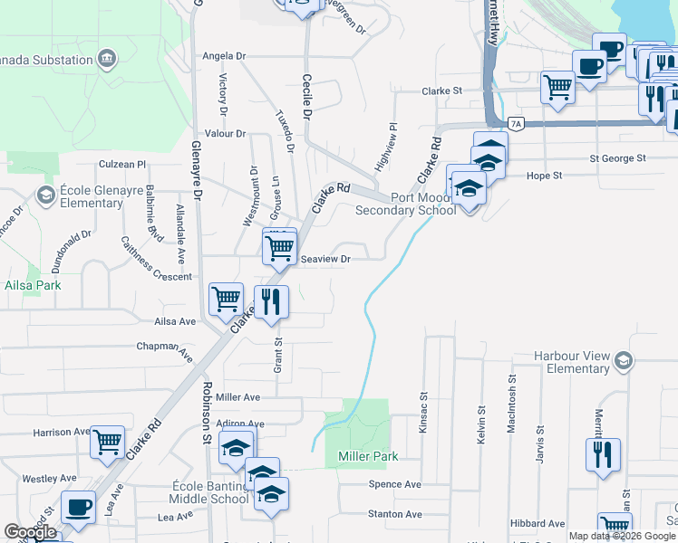 map of restaurants, bars, coffee shops, grocery stores, and more near 50 Seaview Drive in Port Moody