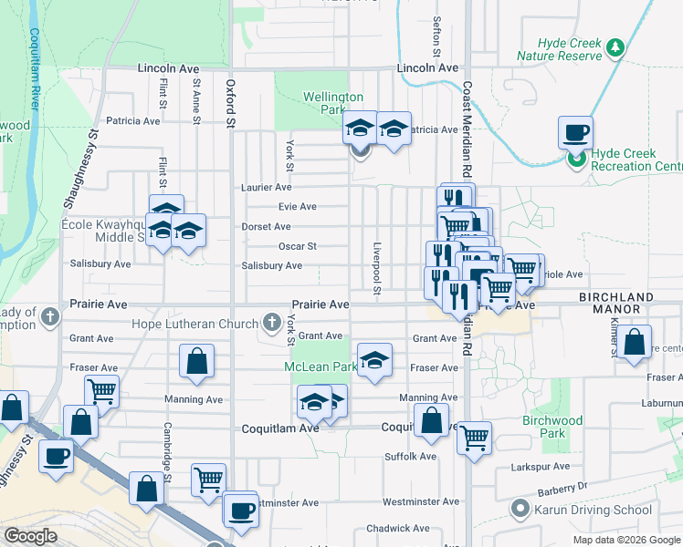 map of restaurants, bars, coffee shops, grocery stores, and more near 3291 Wellington Street in Port Coquitlam