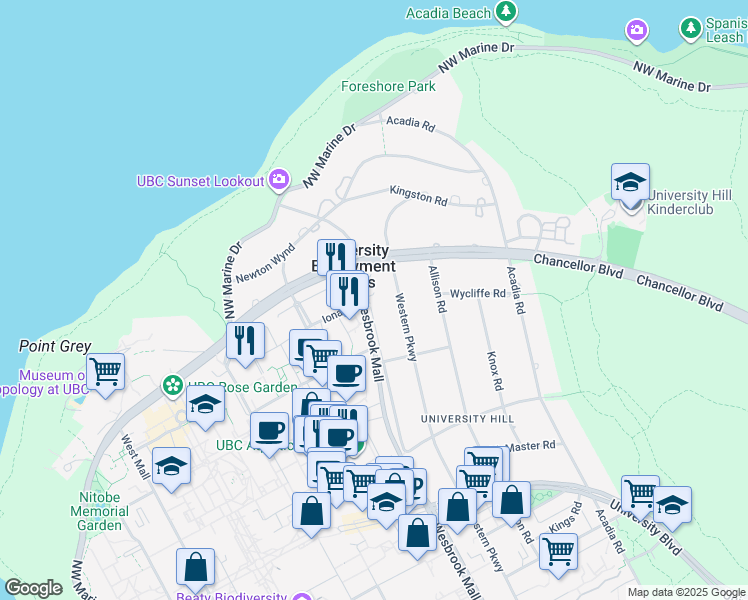 map of restaurants, bars, coffee shops, grocery stores, and more near 1690 Wesbrook Crescent in Vancouver