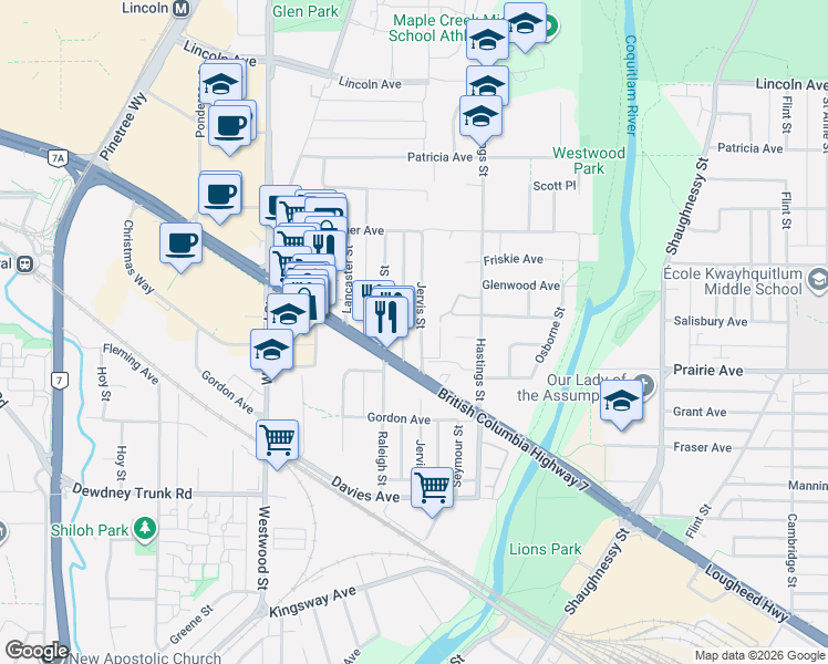map of restaurants, bars, coffee shops, grocery stores, and more near 2579 British Columbia 7 in Port Coquitlam