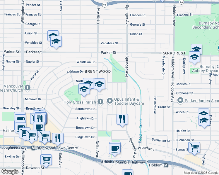 map of restaurants, bars, coffee shops, grocery stores, and more near 1370 Eastlawn Drive in Burnaby