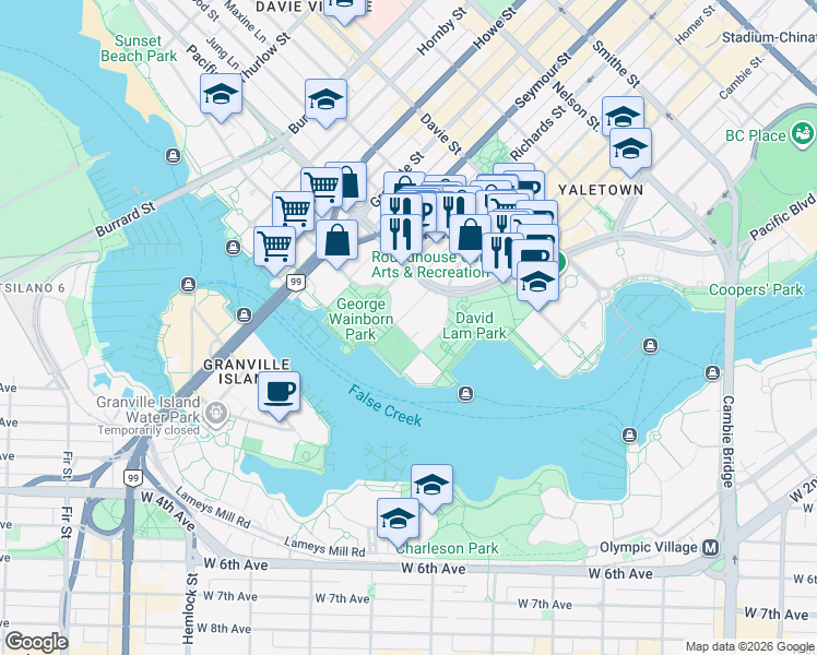 map of restaurants, bars, coffee shops, grocery stores, and more near 455 Beach Crescent in Vancouver