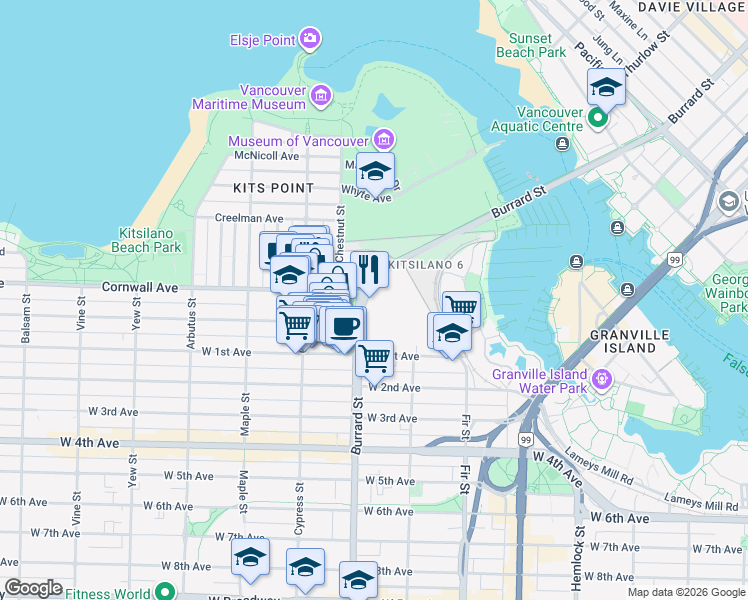 map of restaurants, bars, coffee shops, grocery stores, and more near 1550 Burrard Street in Vancouver