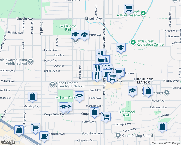 map of restaurants, bars, coffee shops, grocery stores, and more near 1570 Salisbury Avenue in Port Coquitlam