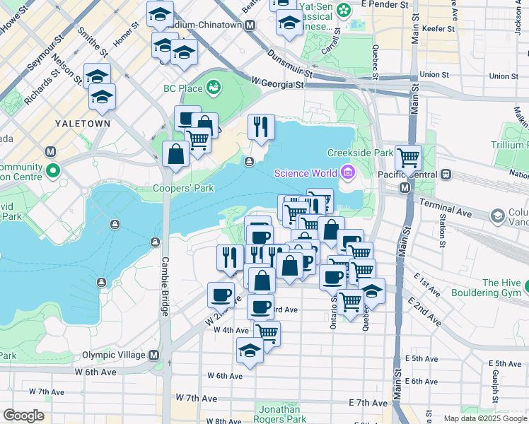 map of restaurants, bars, coffee shops, grocery stores, and more near in Vancouver