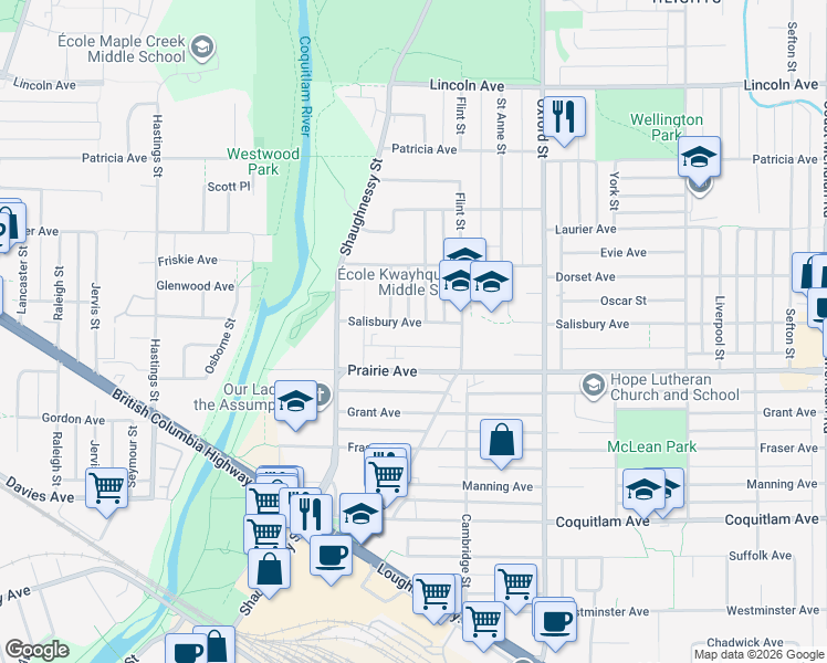 map of restaurants, bars, coffee shops, grocery stores, and more near 2138 Salisbury Avenue in Port Coquitlam
