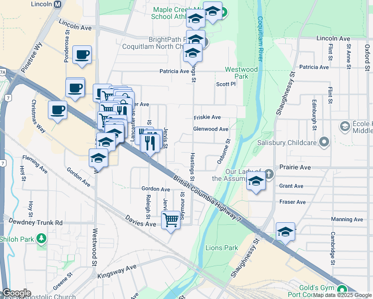 map of restaurants, bars, coffee shops, grocery stores, and more near 2507 Battistoni Place in Port Coquitlam