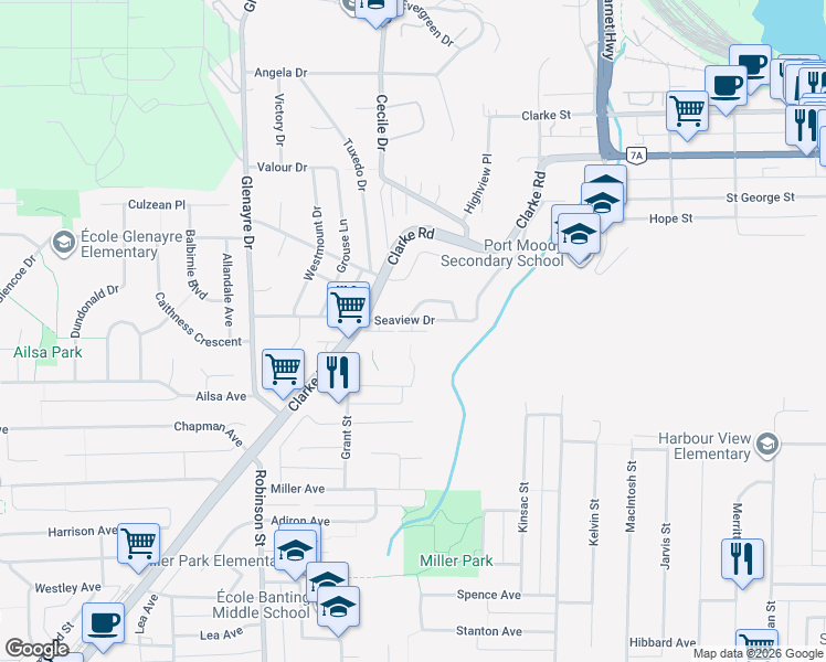 map of restaurants, bars, coffee shops, grocery stores, and more near 50 Seaview Drive in Port Moody