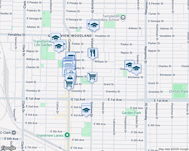 map of restaurants, bars, coffee shops, grocery stores, and more near 1911 Kitchener Street in Vancouver