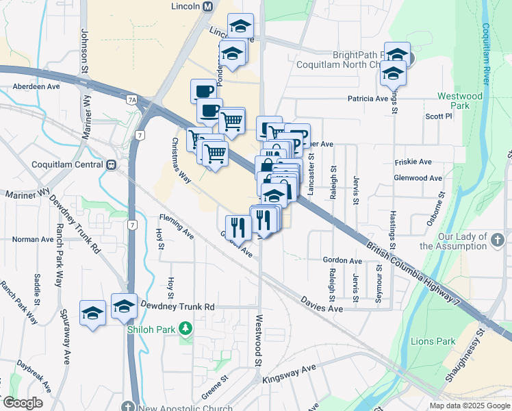 map of restaurants, bars, coffee shops, grocery stores, and more near 1030 Westwood Street in Coquitlam