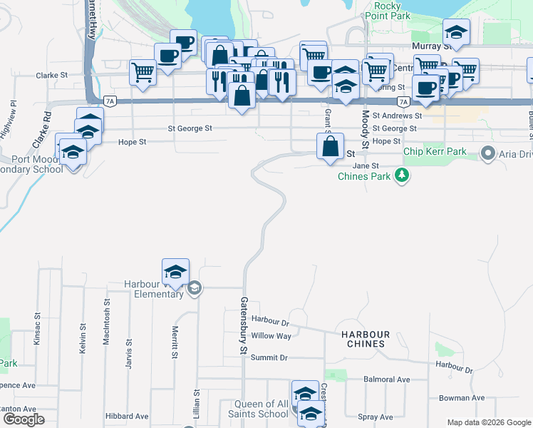 map of restaurants, bars, coffee shops, grocery stores, and more near 1034 Gatensbury Road in Port Moody