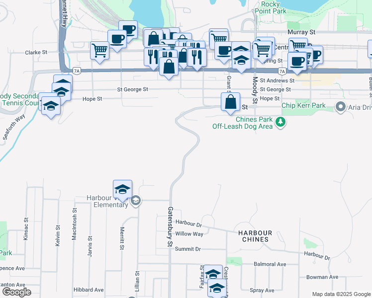 map of restaurants, bars, coffee shops, grocery stores, and more near 1034 Gatensbury Road in Port Moody
