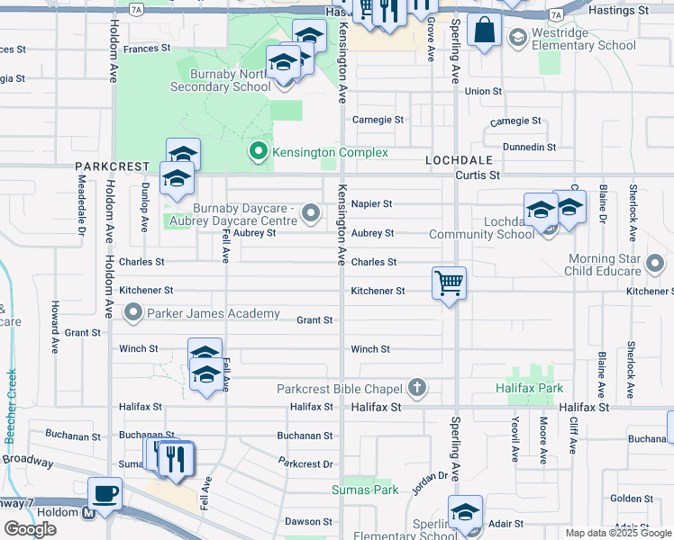 map of restaurants, bars, coffee shops, grocery stores, and more near 1305 Kensington Avenue in Burnaby